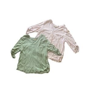 2 Democracy Embroidered Embellished Blouses Roll-Tab Sleeve Boho SMALL